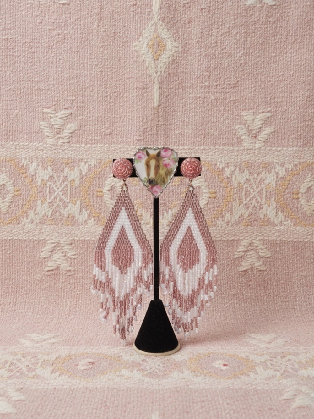 Pale Pink Beaded Fringe Earrings, 5.5” Long Statement Earrings, Boho Seed Bead